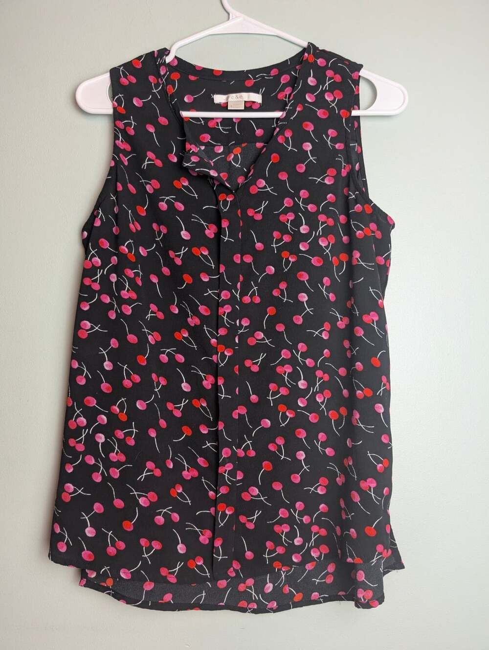 Coquette C&E Black And Pink Cherry Print Sleeveless Blouse Top Size S